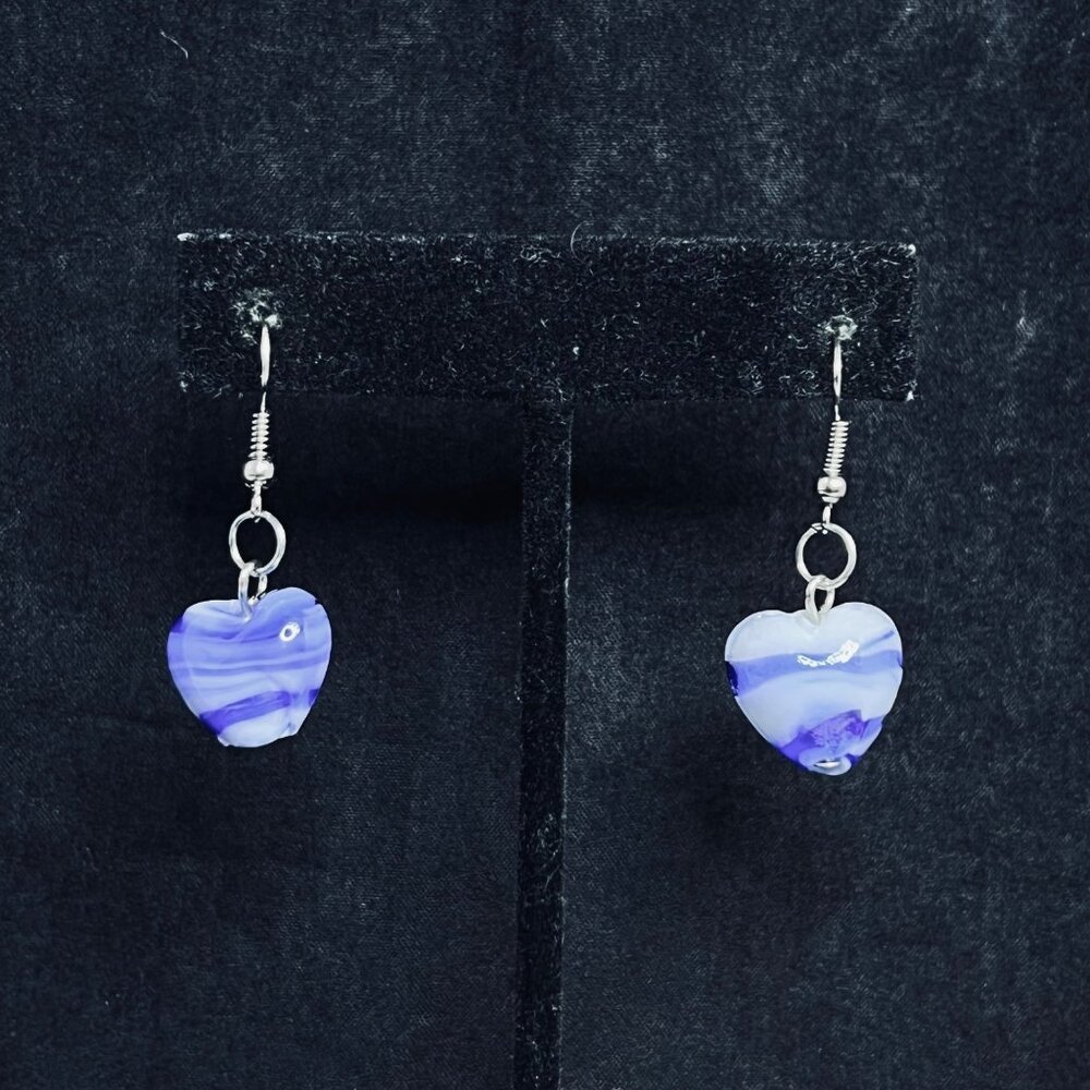 Silver Plated Pierced Dangle Earrings With Blue & White Glass Heart Bead (5479) - Picture 2 of 5